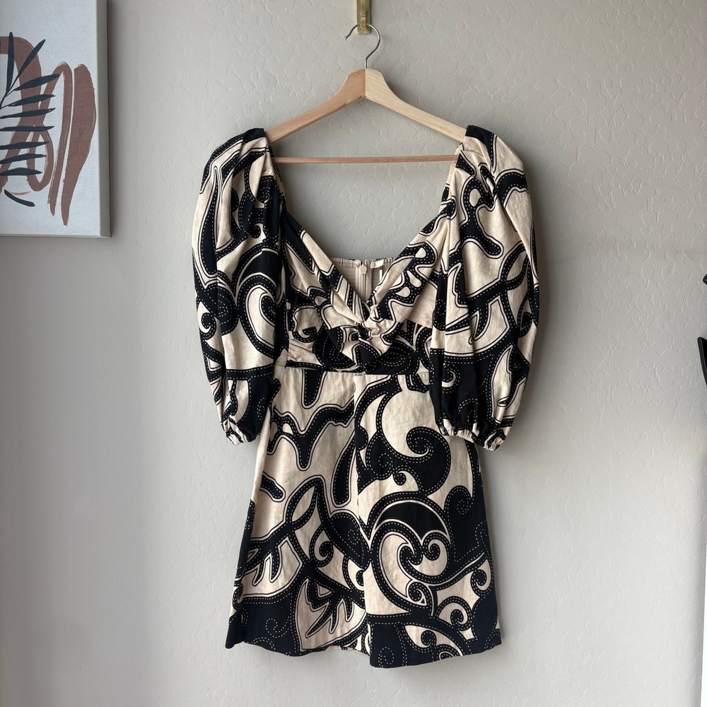 Alexis Iana Black Cream Swirl Print Puff Sleeve Mini Dress‎ Size Large